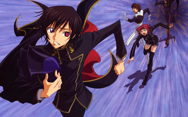 4K Ultra HD wallpaper featuring Jeremiah Gottwald, Lelouch Lamperouge, Suzaku Kururugi, and Kallen Kōzuki from the anime Code Geass in dynamic action poses.