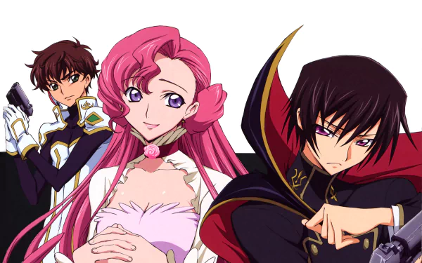4K Ultra HD Code Geass anime desktop wallpaper: Euphemia Li Britannia in a pink gown flanked by Suzaku Kururugi in white uniform and brooding Lelouch Lamperouge in a black cloak.