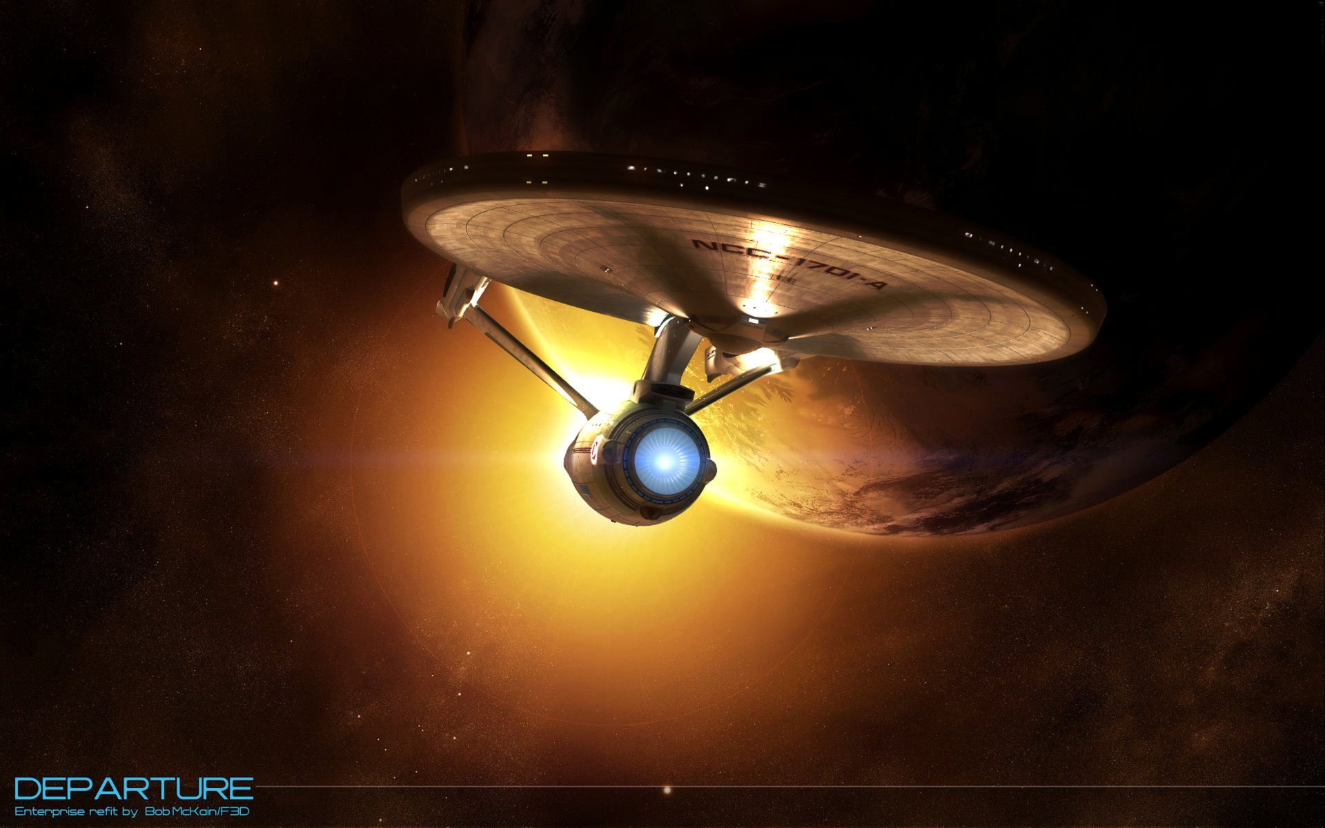 HD sci-fi Star Trek desktop wallpaper featuring the starship Enterprise glowing against a dark space backdrop near a planet.