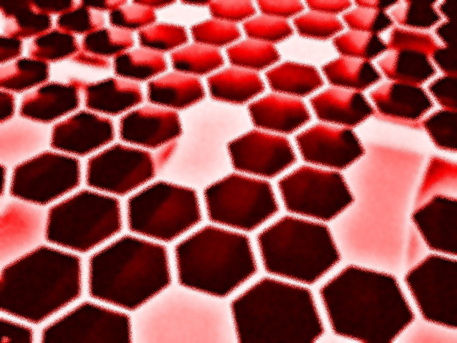 3D abstract pattern of glowing red hexagon shapes forming a dynamic honeycomb design, rendered as an HD PC desktop wallpaper and background.