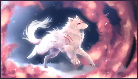 A white wolf with flowing fur and red markings runs through a vibrant, dreamy landscape in this HD wallpaper inspired by the video game Ōkami.