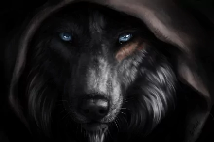 HD fantasy desktop wallpaper featuring a striking wolf with piercing blue eyes, shrouded in a hood, set against a dark background.