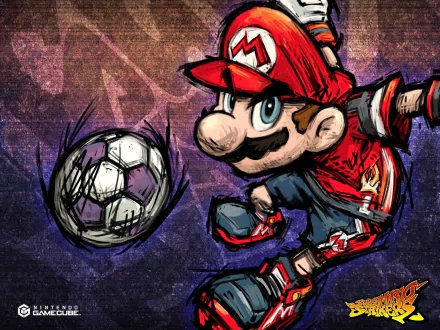 A vibrant HD wallpaper featuring Mario from Super Mario Strikers, skillfully kicking a soccer ball against a dynamic, colorful background.