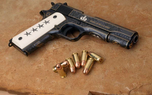 A detailed Colt 1911 pistol rests on a textured surface, accompanied by several bullets, making for a striking HD desktop wallpaper and background.