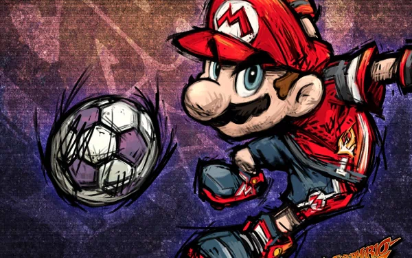 A vibrant HD wallpaper featuring Mario from Super Mario Strikers, skillfully kicking a soccer ball against a dynamic, colorful background.