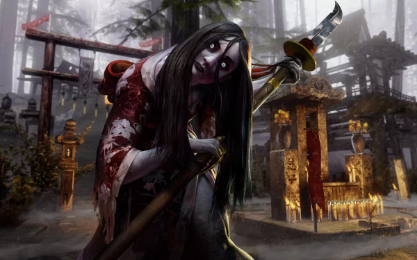 A haunting character from the video game Killer Instinct stands grinning with a weapon, set against a misty, atmospheric backdrop of traditional Japanese architecture. HD desktop wallpaper.