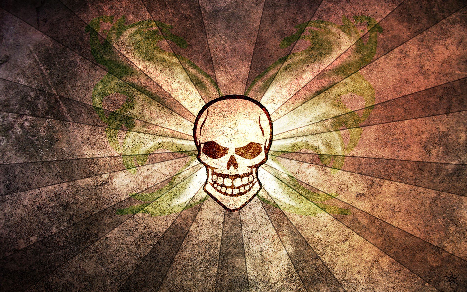 A dark, striking HD wallpaper featuring a centered skull against a textured background with radial lines and subtle green accents, creating a bold and edgy aesthetic.