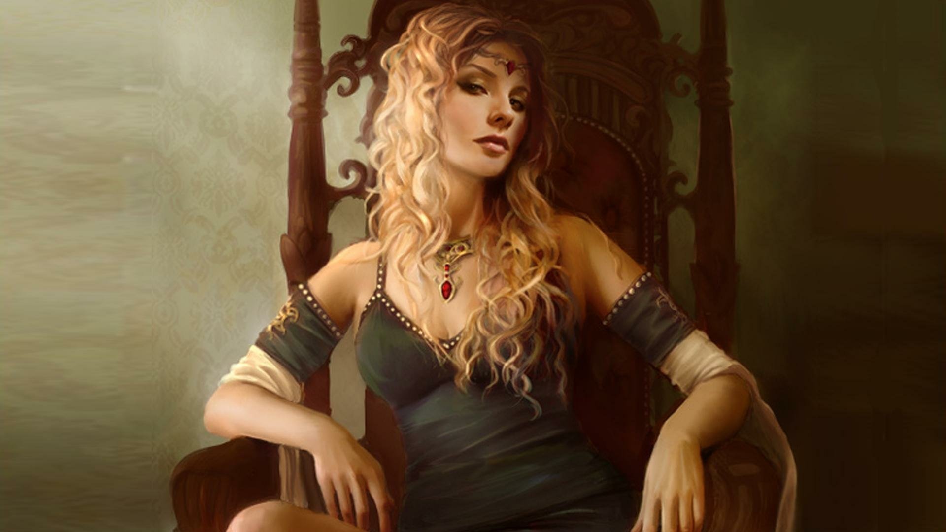HD PC desktop wallpaper featuring Cersei Lannister from the TV show Game of Thrones, depicted seated confidently on a throne with flowing blonde hair.