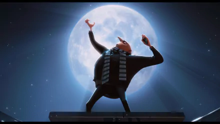 Gru from the movie Despicable Me poses dramatically before a glowing full moon — HD PC desktop wallpaper background.