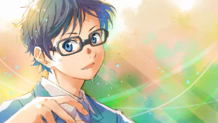 A vibrant HD wallpaper featuring Kousei Arima from the anime Your Lie in April, showcasing his thoughtful expression against a colorful background.