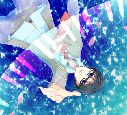 A vibrant HD wallpaper featuring Kousei Arima from the anime Your Lie in April, showcasing a dreamy blue background with floating petals and musical elements.