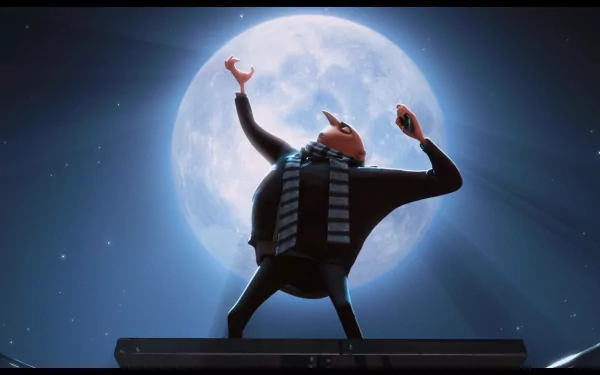 Gru from the movie Despicable Me poses dramatically before a glowing full moon — HD PC desktop wallpaper background.