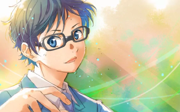 A vibrant HD wallpaper featuring Kousei Arima from the anime Your Lie in April, showcasing his thoughtful expression against a colorful background.