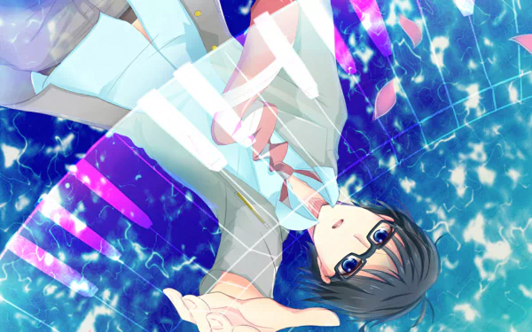 A vibrant HD wallpaper featuring Kousei Arima from the anime Your Lie in April, showcasing a dreamy blue background with floating petals and musical elements.