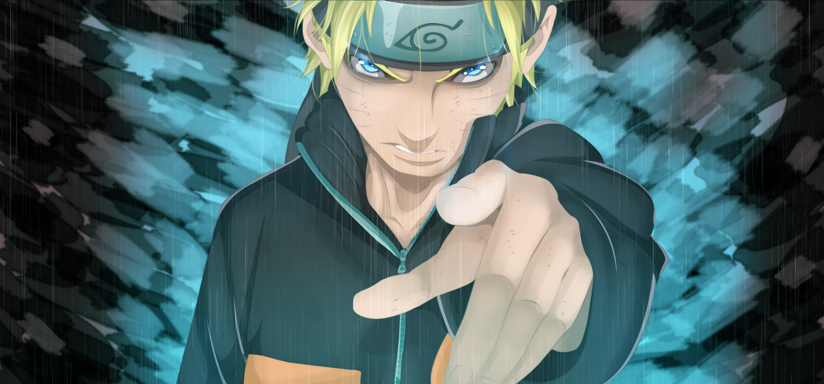 HD PC desktop wallpaper featuring Naruto Uzumaki from the anime Naruto, showing him with intense blue eyes and a focused expression reaching forward.