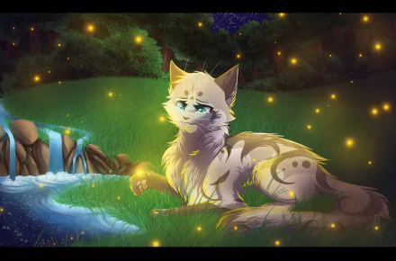 A fantasy-themed HD desktop wallpaper featuring a serene cat with glowing eyes resting by a stream under a starry night, surrounded by magical fireflies.