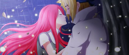 HD wallpaper featuring Minato Namikaze and Kushina Uzumaki from the anime Naruto, sharing an intimate moment under falling leaves and raindrops.