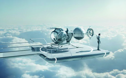 HD PC desktop wallpaper from the movie Oblivion (2013), featuring Tom Cruise standing on a futuristic platform above the clouds with a hovering aircraft.