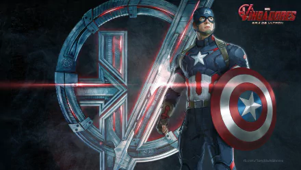 A stunning HD wallpaper featuring Captain America from Avengers: Age of Ultron, showcasing his iconic shield alongside the Avengers logo.