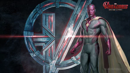A vibrant HD wallpaper featuring Vision, portrayed by Paul Bettany, alongside the Avengers logo from Avengers: Age of Ultron, showcasing a dynamic comic-inspired design.