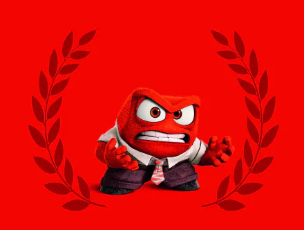 HD desktop wallpaper featuring Anger from the movie Inside Out, set against a bold red background with laurel wreath accents.