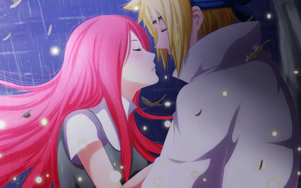 HD wallpaper featuring Minato Namikaze and Kushina Uzumaki from the anime Naruto, sharing an intimate moment under falling leaves and raindrops.
