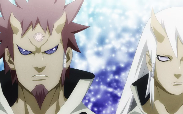 HD wallpaper featuring Hagoromo Ōtsutsuki and Hamura Ōtsutsuki from the anime Naruto, showcasing their intense expressions against a vibrant, sparkling background.