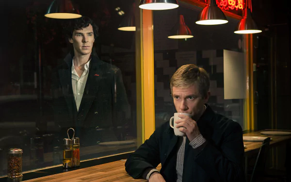 A dramatic scene from the TV show Sherlock, featuring a character seated at a bar, gazing thoughtfully at a reflection of Sherlock Holmes in the window. HD wallpaper for desktop use.