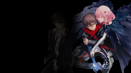 HD PC desktop wallpaper featuring anime characters from Guilty Crown, with a dark background highlighting a boy and a girl in dynamic, emotional poses.