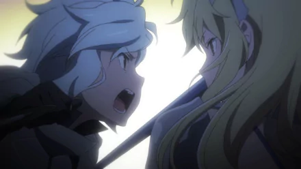 A dynamic HD wallpaper featuring Aiz Wallenstein and Bell Cranel from the anime Is It Wrong to Try to Pick Up Girls in a Dungeon?, showcasing an intense moment between the characters.