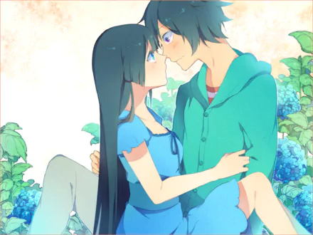 A romantic scene featuring Chihiro Furuya and Rea Sanka from the anime Sankarea, set against a backdrop of vibrant blue flowers, capturing their intimate moment.