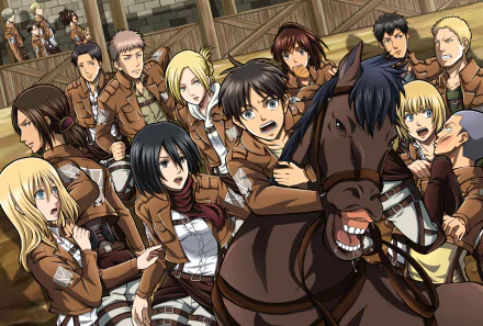 An HD desktop wallpaper featuring iconic characters from Attack on Titan, passionately interacting in a dramatic scene, capturing the intense spirit of the anime.