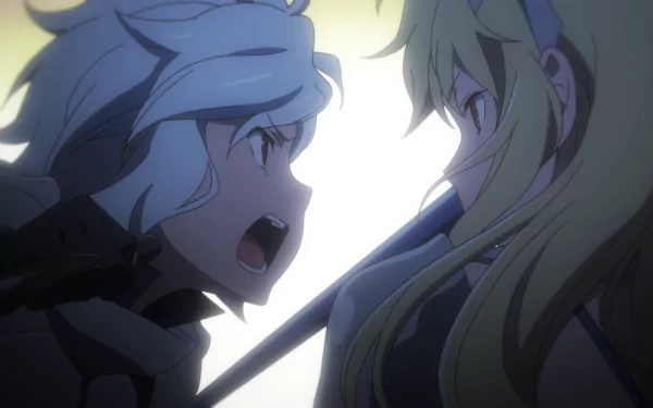 A dynamic HD wallpaper featuring Aiz Wallenstein and Bell Cranel from the anime Is It Wrong to Try to Pick Up Girls in a Dungeon?, showcasing an intense moment between the characters.