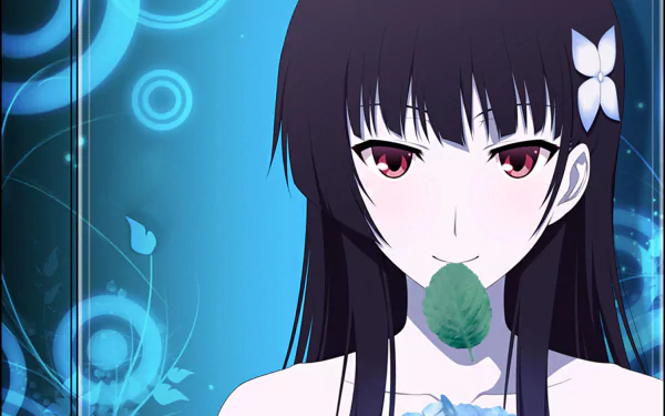 HD wallpaper featuring Rea Sanka from the anime Sankarea, showcasing her with a leaf, set against an abstract blue background with circular patterns.