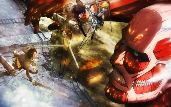 High-definition wallpaper featuring Armin Arlert, Mikasa Ackerman, and Eren Yeager battling the Colossal Titan in a dynamic scene from the anime Attack on Titan.