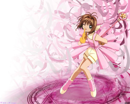 HD PC desktop wallpaper of Cardcaptor Sakura anime character in pink outfit, holding her magical staff with a swirling pink and white background.