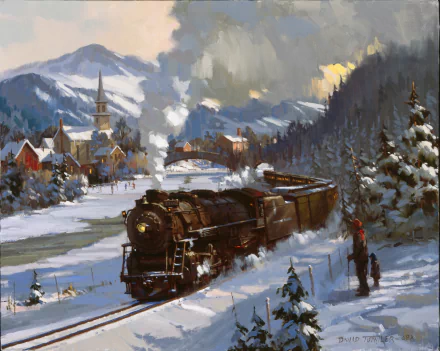 HD desktop wallpaper featuring a steam train traveling through a snowy mountain village with pine trees and a church in the background.
