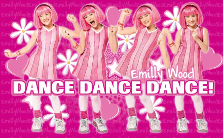 HD PC desktop wallpaper of LazyTown TV show character Stephanie repeated in pink dress across a bright pink background with daisies and bold DANCE DANCE DANCE! text