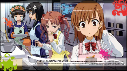 A colorful HD wallpaper featuring characters Ruiko Saten, Mikoto Misaka, Kuroko Shirai, and Kazari Uiharu from the anime A Certain Scientific Railgun, engaging in a cooking scene.