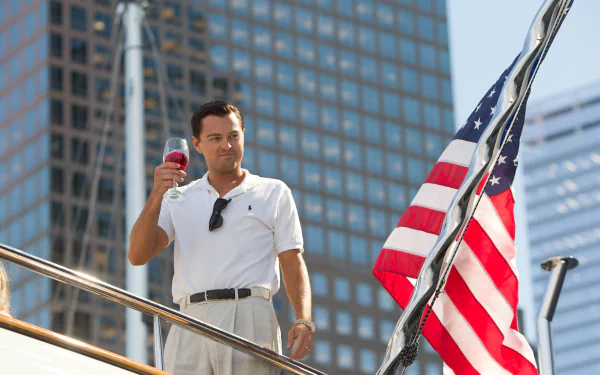 A scene from The Wolf of Wall Street, featuring Leonardo DiCaprio on a yacht, holding a drink and raising a toast, set against a backdrop of skyscrapers and an American flag.