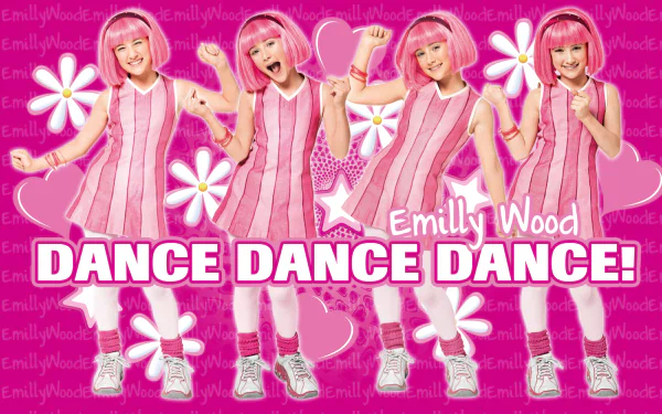 HD PC desktop wallpaper of LazyTown TV show character Stephanie repeated in pink dress across a bright pink background with daisies and bold DANCE DANCE DANCE! text