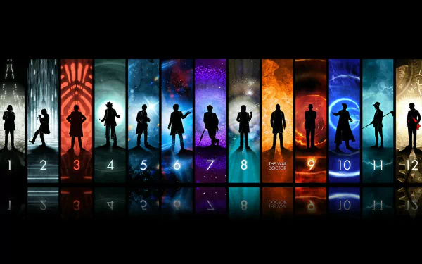 A vibrant HD wallpaper featuring silhouettes of the Doctors from the 2005 series of Doctor Who, set against cosmic backgrounds and colorful designs.