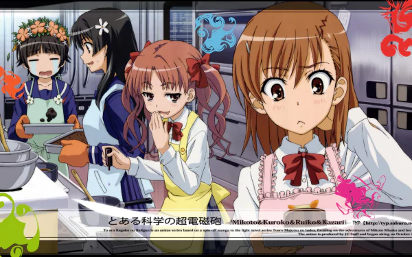 A colorful HD wallpaper featuring characters Ruiko Saten, Mikoto Misaka, Kuroko Shirai, and Kazari Uiharu from the anime A Certain Scientific Railgun, engaging in a cooking scene.