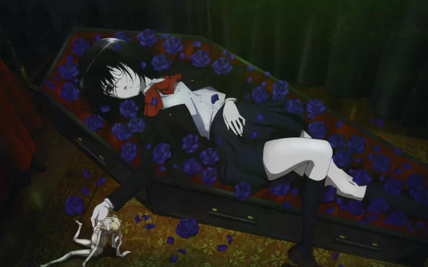 An HD desktop wallpaper featuring Mei Misaki from the anime Another. Mei, wearing an eye patch, lies down in a coffin surrounded by purple roses, dressed in a skirt, bow, and socks, holding a doll.
