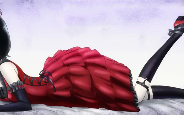 A stunning HD wallpaper featuring Mei Misaki from the anime *Another*, dressed in a vibrant red gown, posed gracefully against a soft, muted background.