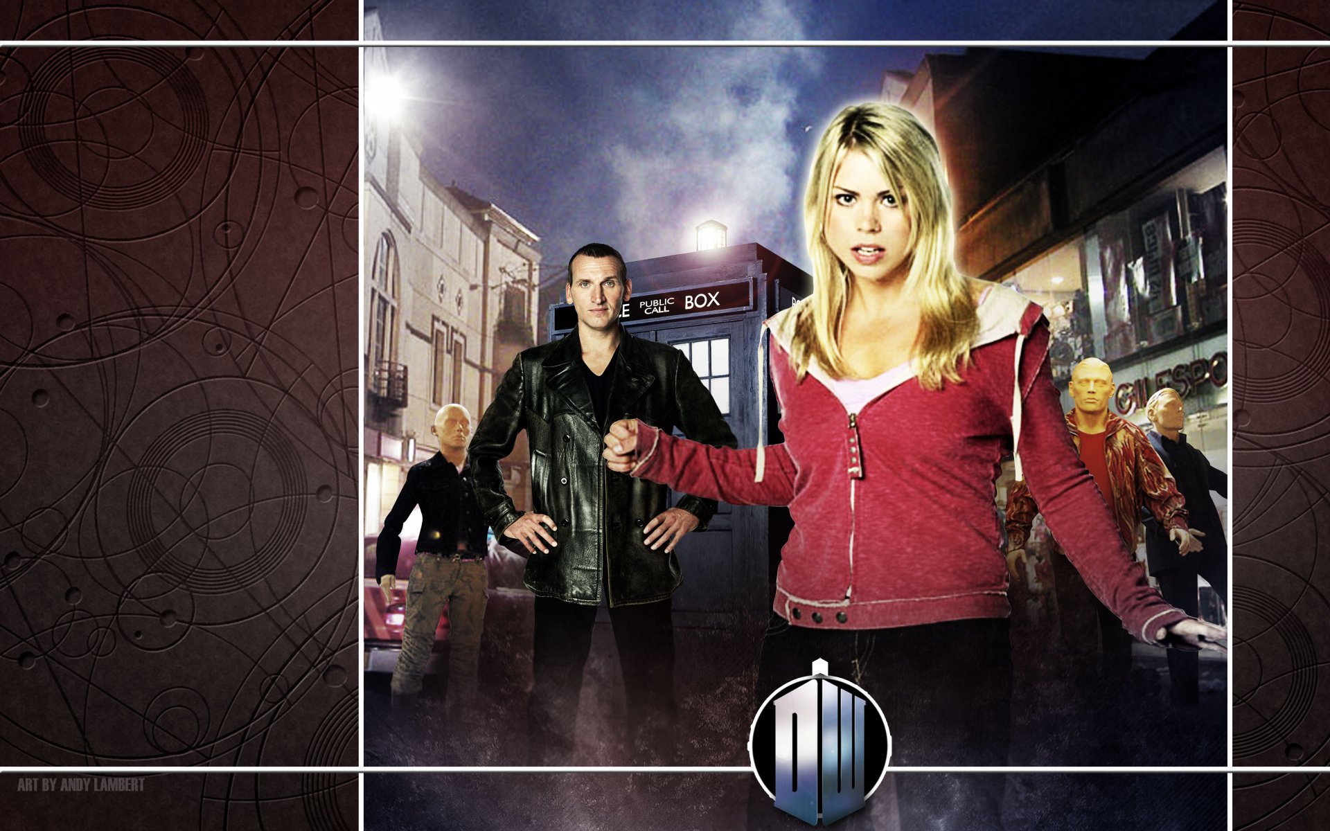 4K Ultra HD desktop wallpaper featuring characters from the TV show Doctor Who (2005) standing in front of the TARDIS on a foggy street at night.