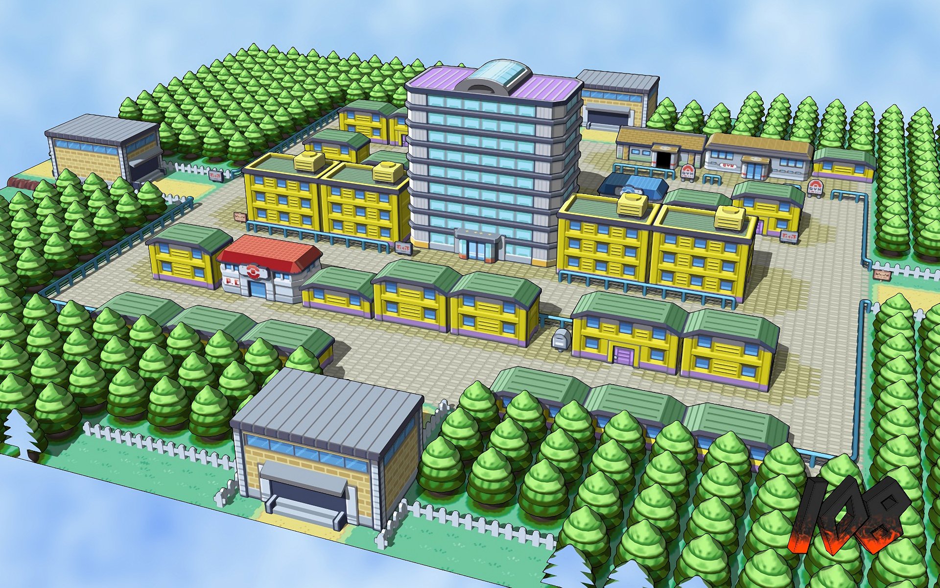 HD PC desktop wallpaper featuring a detailed 3D-rendered town from the video game Pokémon: FireRed and LeafGreen with buildings and surrounding trees.