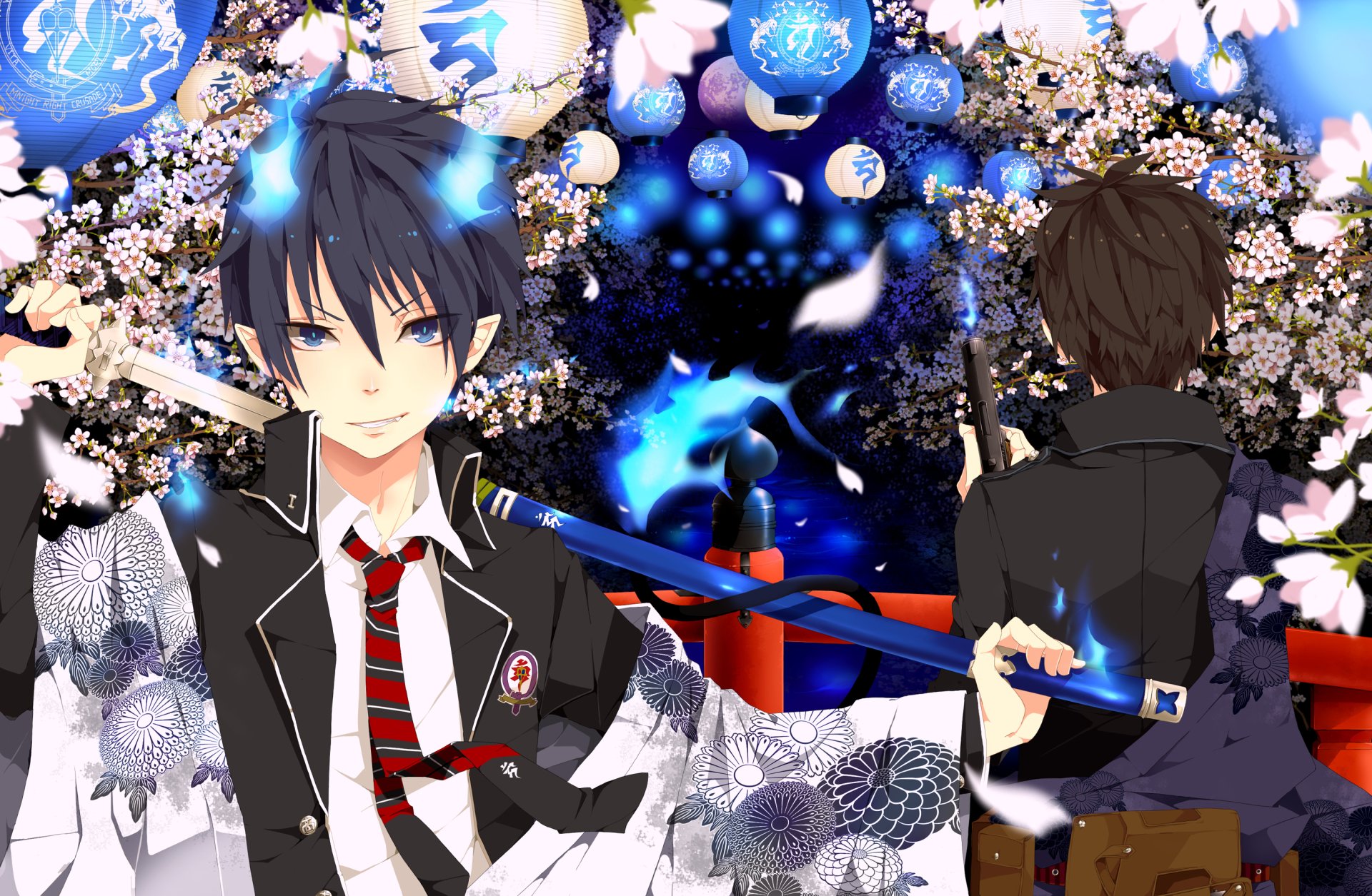A vibrant HD wallpaper featuring Yukio and Rin Okumura from Ao No Exorcist (Blue Exorcist), set against a backdrop of cherry blossoms and glowing lanterns, showcasing their captivating anime aesthetic.