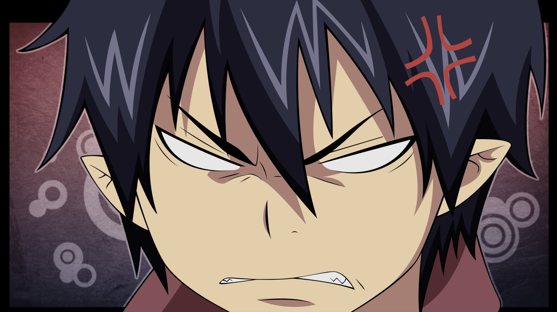 HD PC desktop wallpaper featuring an intense close-up of Rin Okumura from the anime Blue Exorcist with dark hair and an angry expression.