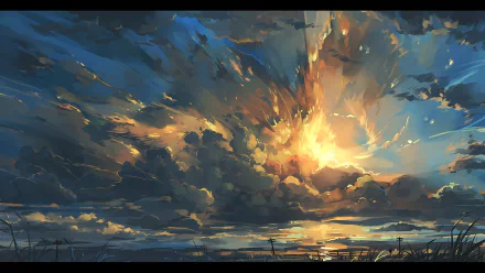 A vibrant anime-inspired sky fills the scene, with dynamic clouds illuminated by a golden sunset, creating a stunning HD desktop wallpaper.
